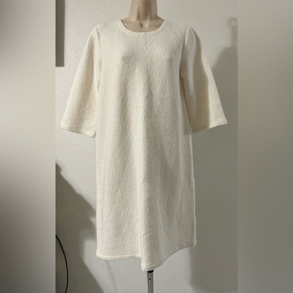 EILEEN FISHER Textured Cotton Ripple Dress 3/4 Sleeves Career Office Size S/P